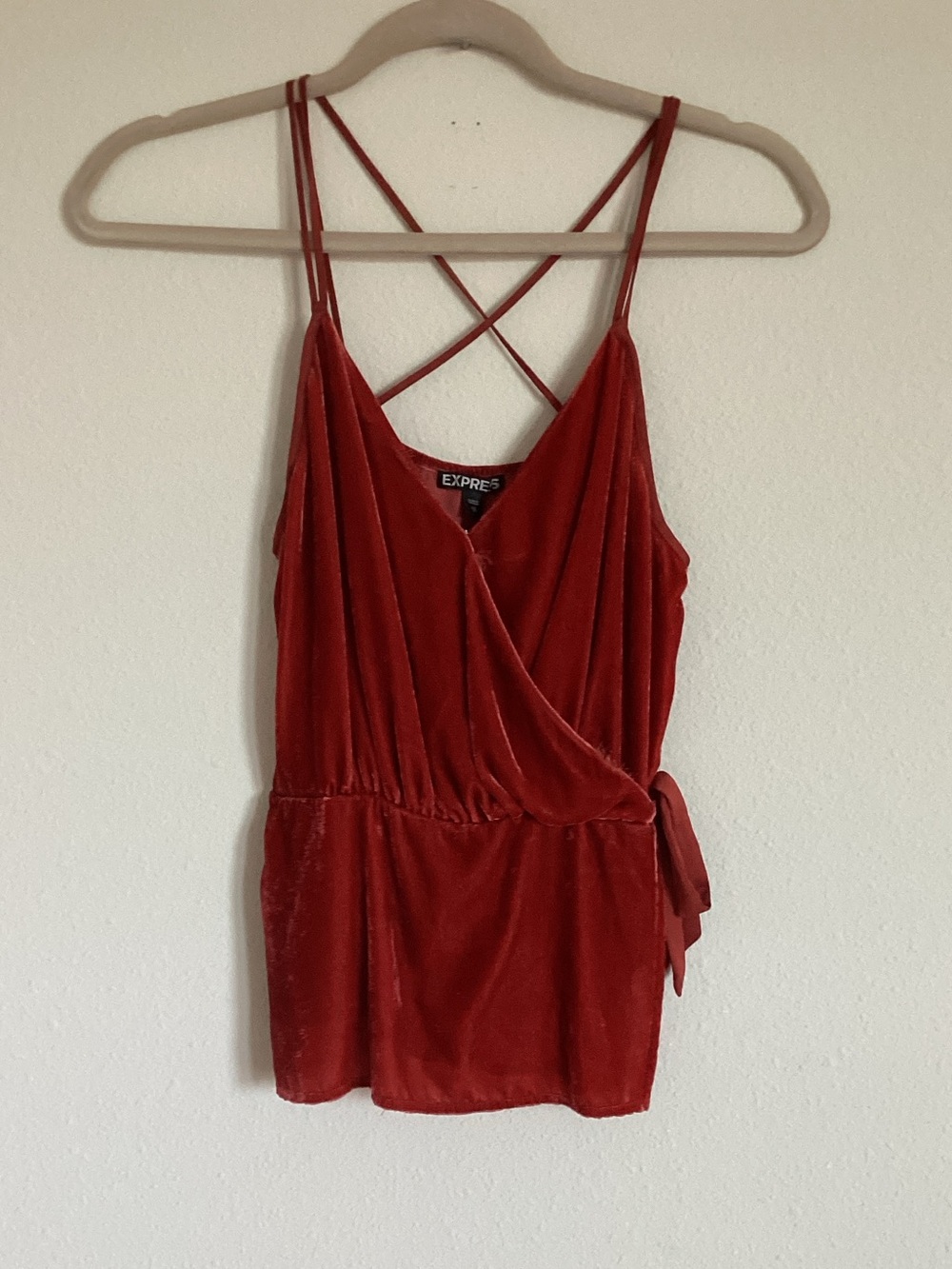 Express Red Velvet Wrap-Front Cami with Crisscross Straps